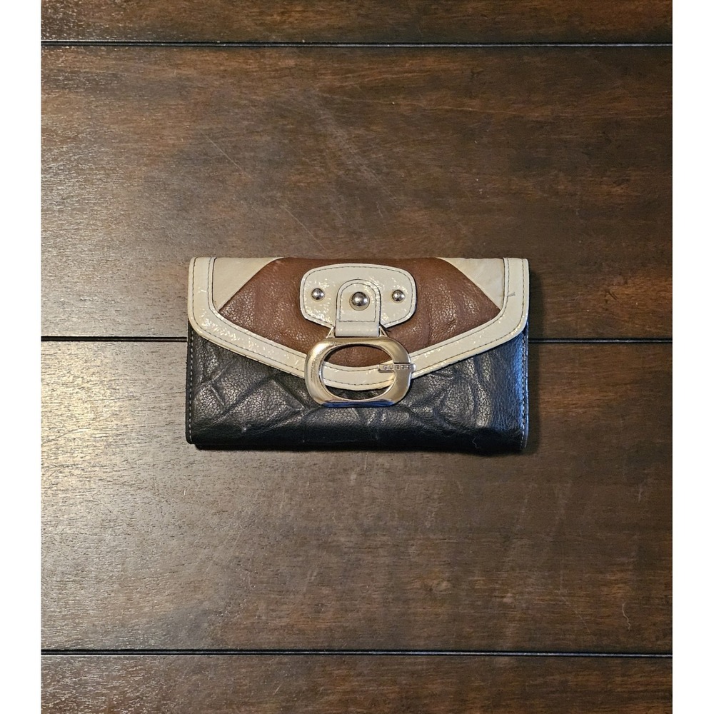 Vintage Guess Faux Leather Wallet‎ Gold Chunky Big G Checkbook Holder Card Slots